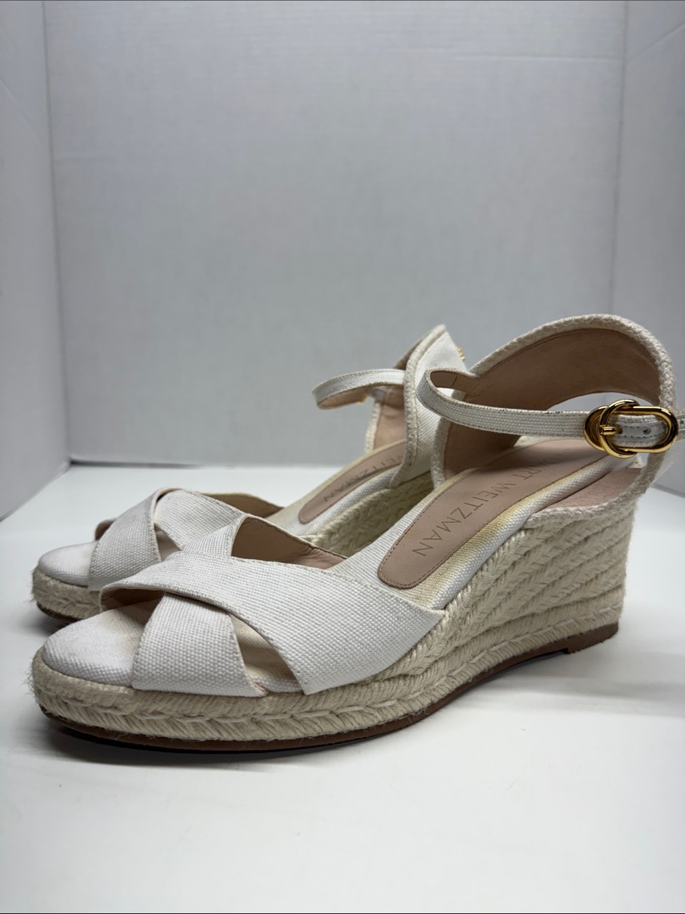 Stuart Weitzman Miami Espadrilles Canvas Wedges High Heel Shoes White Size 8.5
